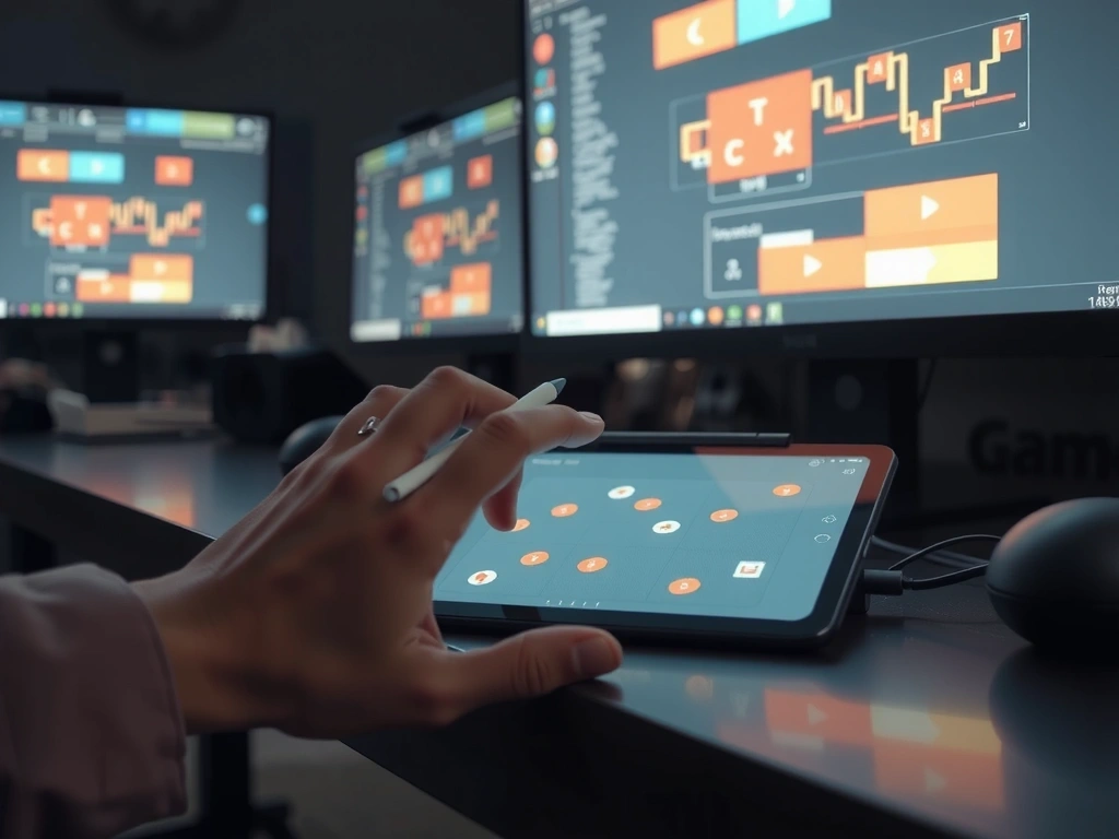 Creative workspace with tablet and game UI