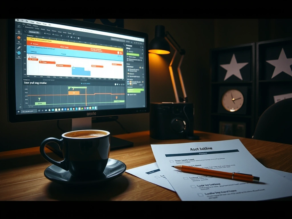 A developer's desk during a late-night development sprint, with a game timeline on screen and a submission checklist.